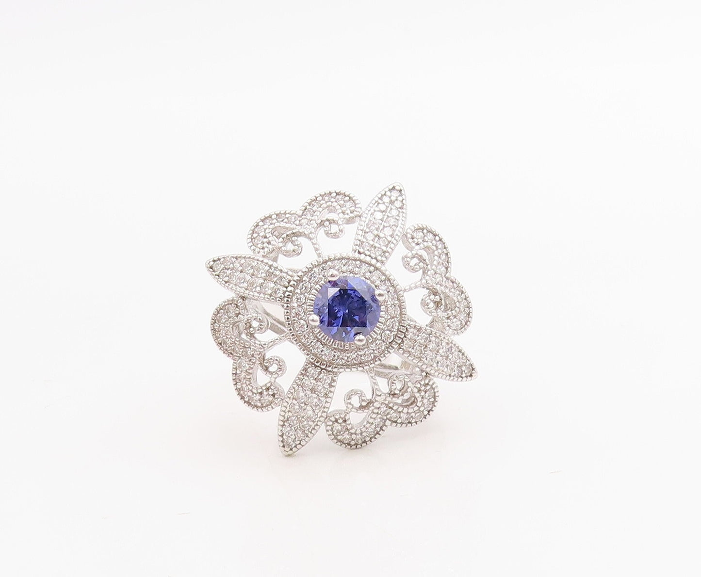 925 Sterling Silver Vintage Ring Flower Cutout Sapphire & CZ Inlay  Sz 7 RG30749