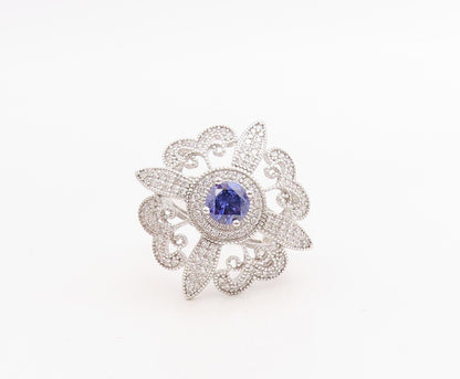 925 Sterling Silver Vintage Ring Flower Cutout Sapphire & CZ Inlay  Sz 7 RG30749