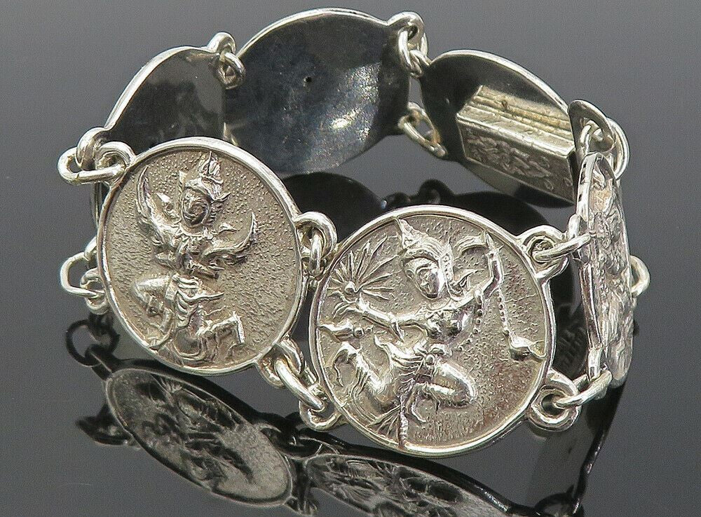 SIAM 925 Sterling Silver  Vintage Shiny Dancer Coin Chain Bracelet  BT3562