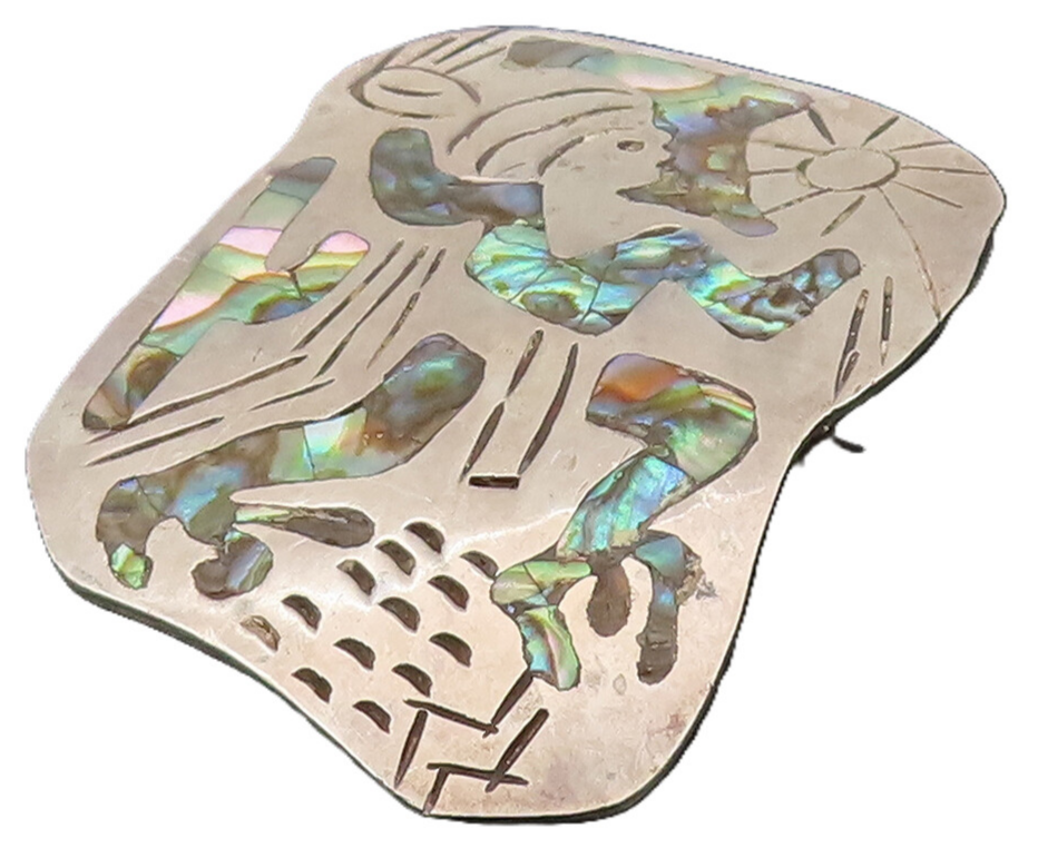 TAXCO 925 Sterling Silver Vintage Etched Background & Abalone Brooch Pin BP10225