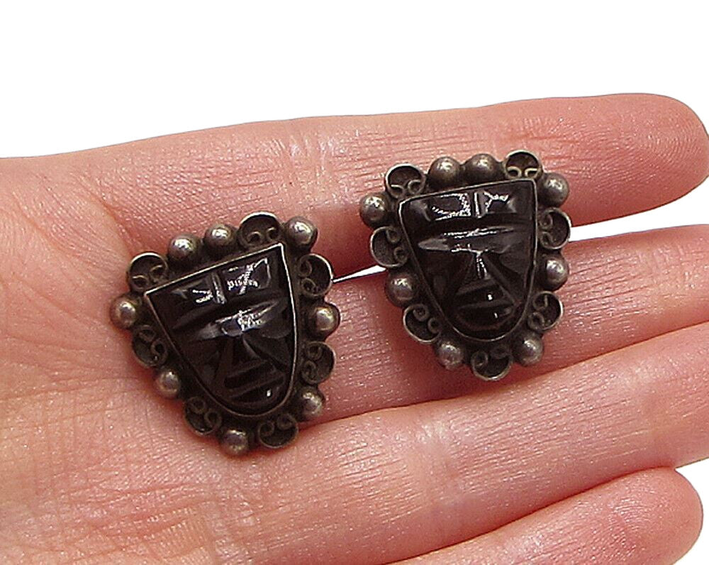 MEXICO 925 Silver  Vintage Carved Onyx Non Pierced Screw Back Earrings  EG1966