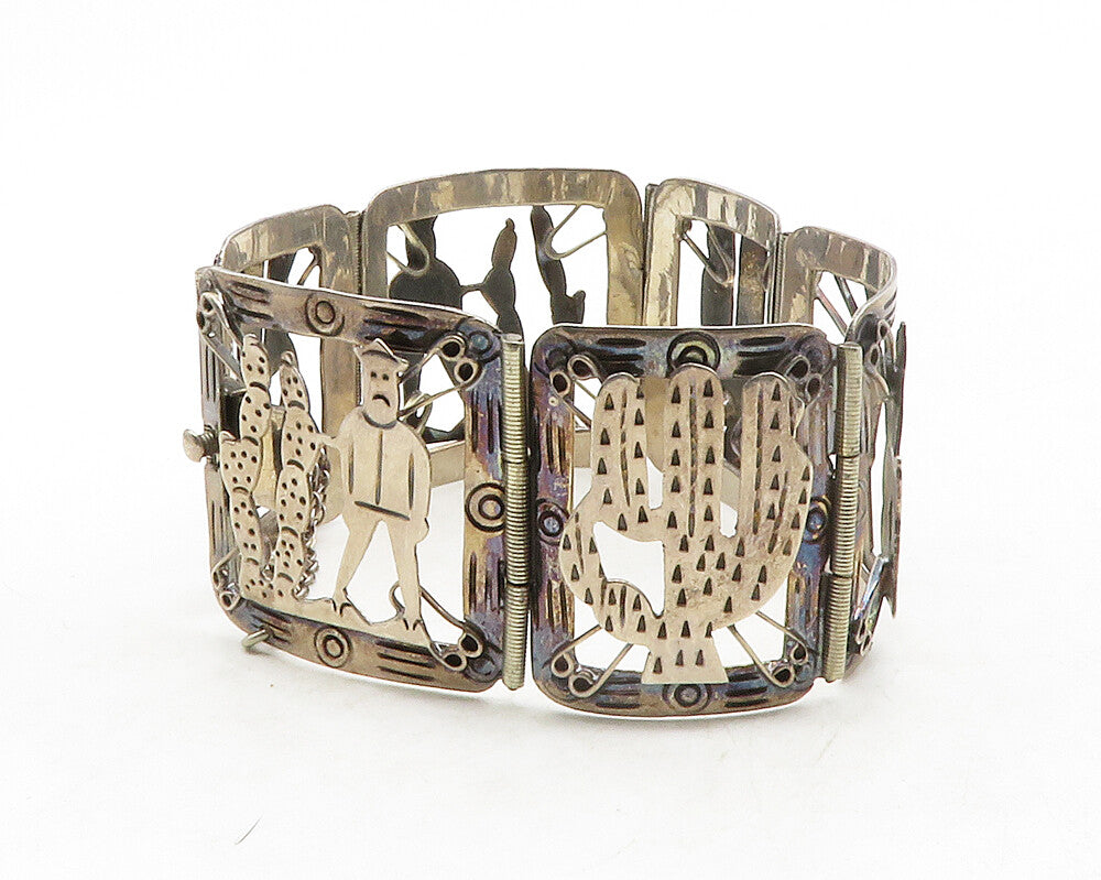 LOS BALLESTEROS 925 Silver  Vintage Storyteller Panel Chain Bracelet  BT4933