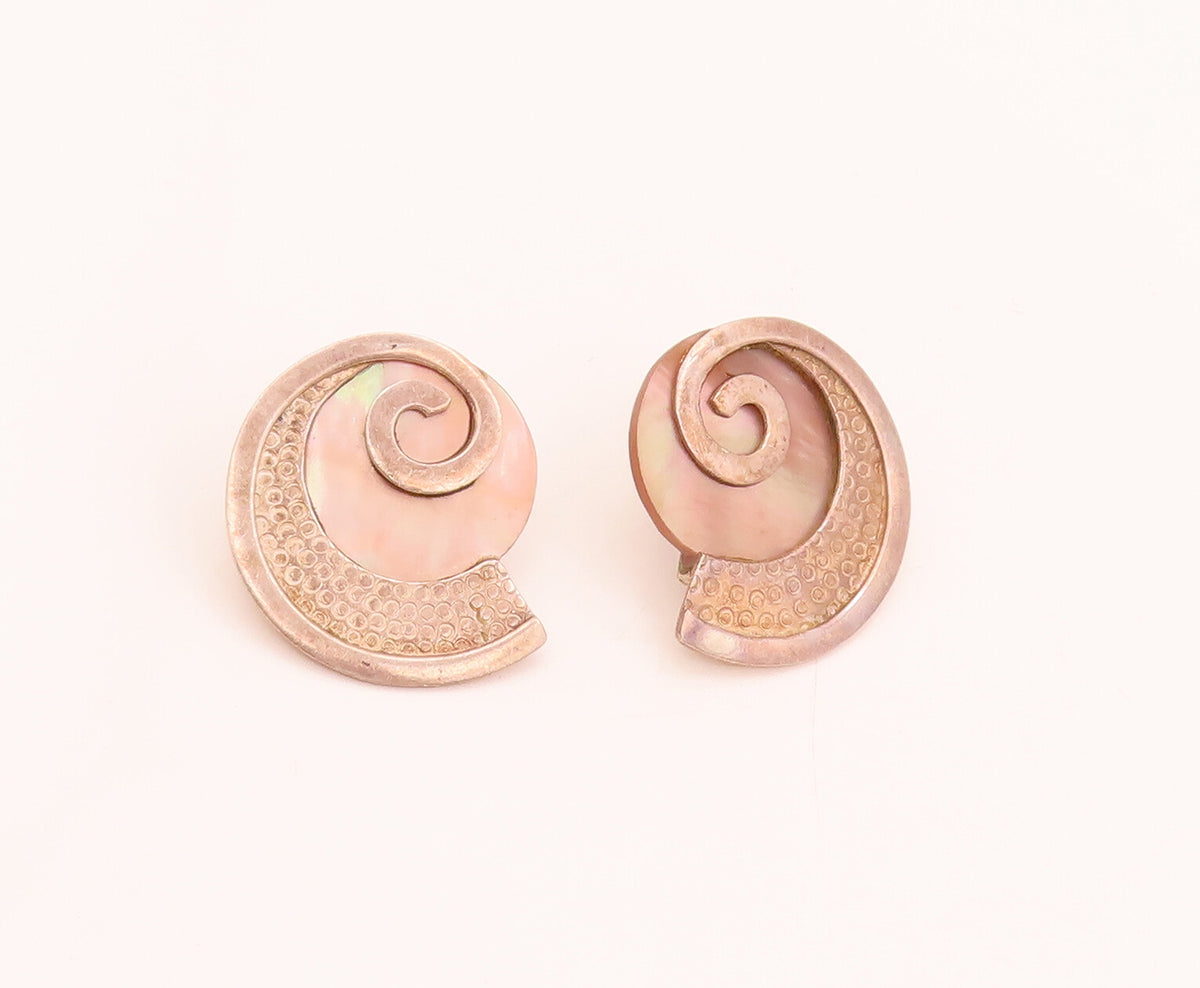 ZEALANDIA 925 Sterling Silver  Vintage Spiral Mother Of Pearl Earrings EG12478