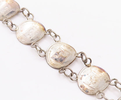 925 Sterling Silver Vintage Bracelet Antique Carved Coin Linked  BT10636