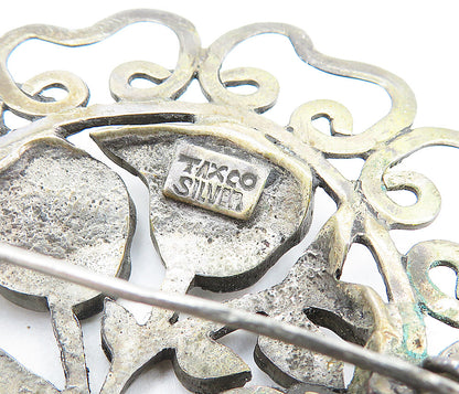 MEXICO 925 Silver  Vintage Antique Turquoise Swirl Border Brooch Pin  BP2155