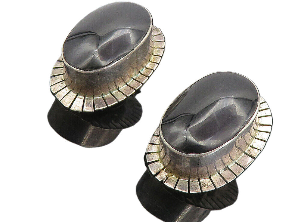 MEXICO 925 Sterling Silver  Vintage Black Onyx Oval Non Pierce Earrings EG3856