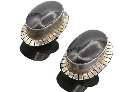 MEXICO 925 Sterling Silver  Vintage Black Onyx Oval Non Pierce Earrings EG3856