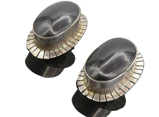 MEXICO 925 Sterling Silver  Vintage Black Onyx Oval Non Pierce Earrings EG3856