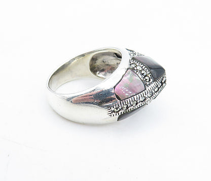 925 Sterling Silver  Abalone Shell & Marcasite Dome Cocktail Ring Sz 8  RG5827