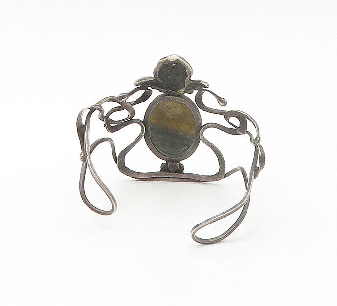 925 Sterling Silver Vintage Victorian Tiger's Eye Artistic Cuff Bracelet  BT6642