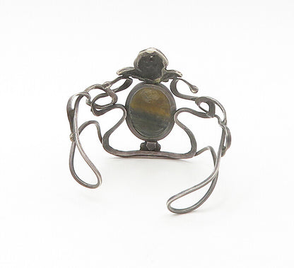 925 Sterling Silver Vintage Victorian Tiger's Eye Artistic Cuff Bracelet  BT6642