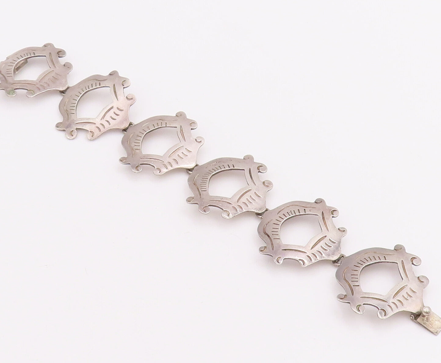 925 Sterling Silver Vintage Bracelet MEXICO Swirly Etched Frames Linked  BT10572