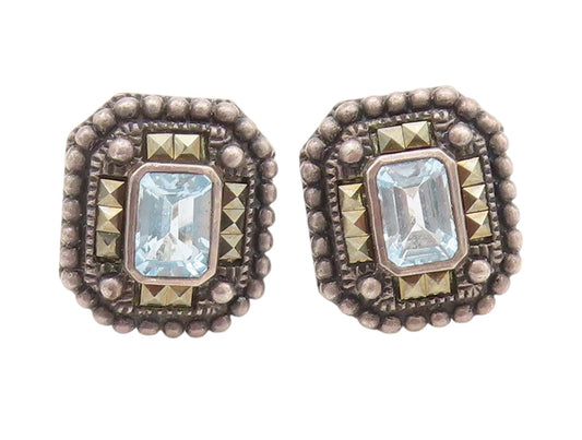 925 Sterling Silver Vintage Earrings JUDITH JACK Blue Topaz & Marcasite  EG13617