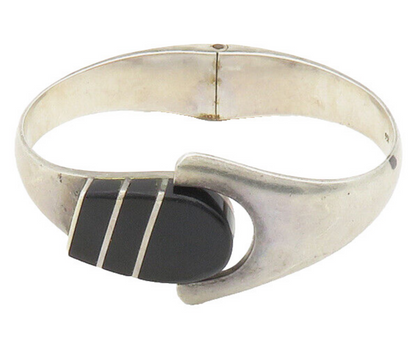 925 Sterling Silver  Vintage Black Onyx Smooth Hinge Bangle Bracelet  BT7502