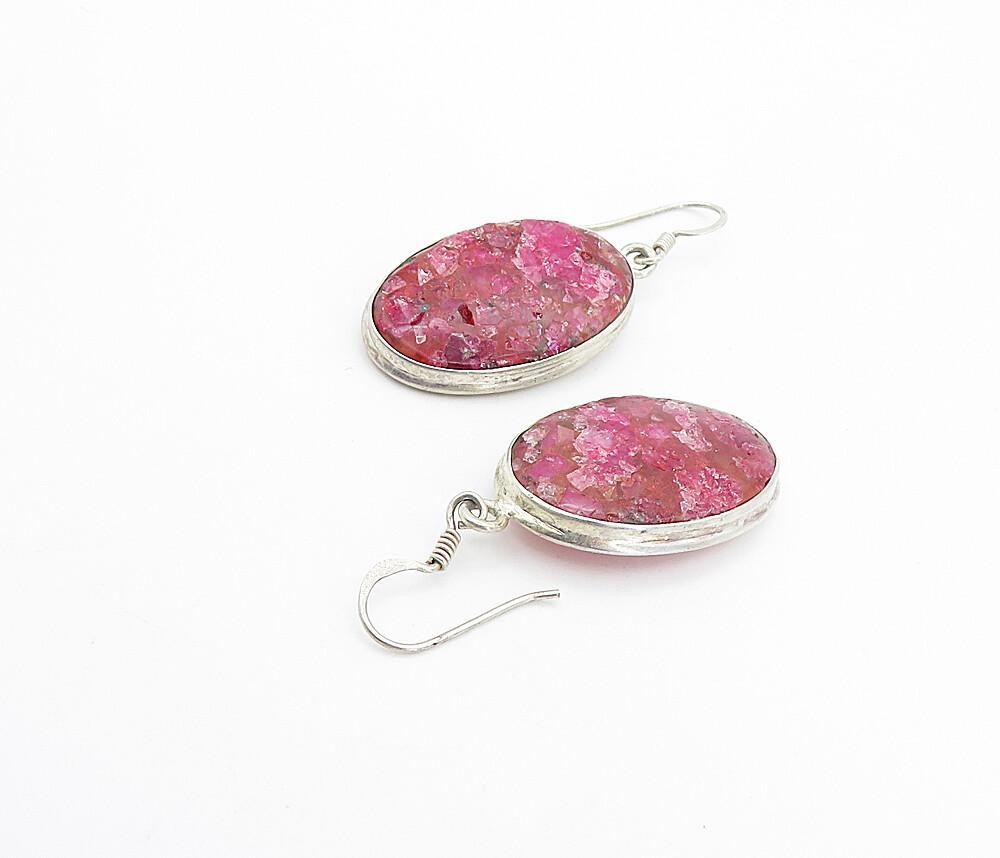 925 Sterling Silver  Vintage Crushed Pink Gemstone Oval Drop Earrings  EG3128