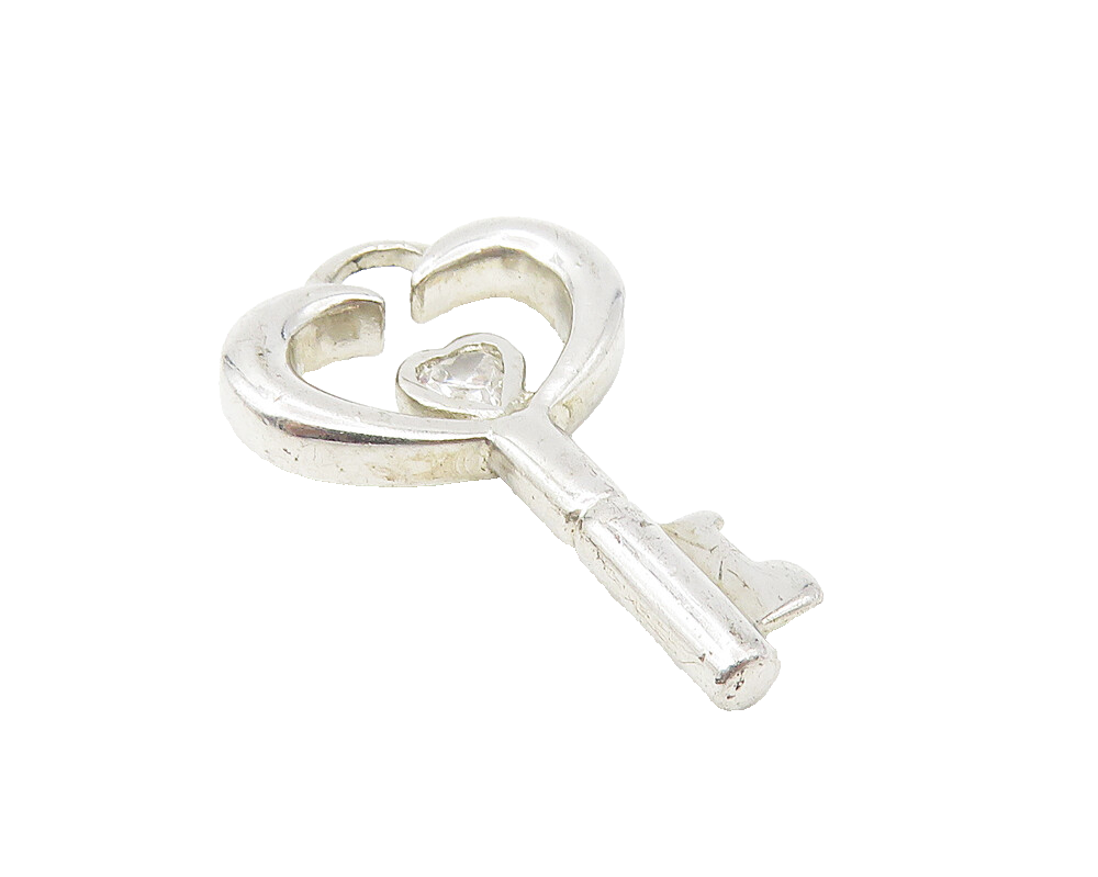 925 Sterling Silver  White Topaz Love Heart Key Motif Drop Pendant  PT9191