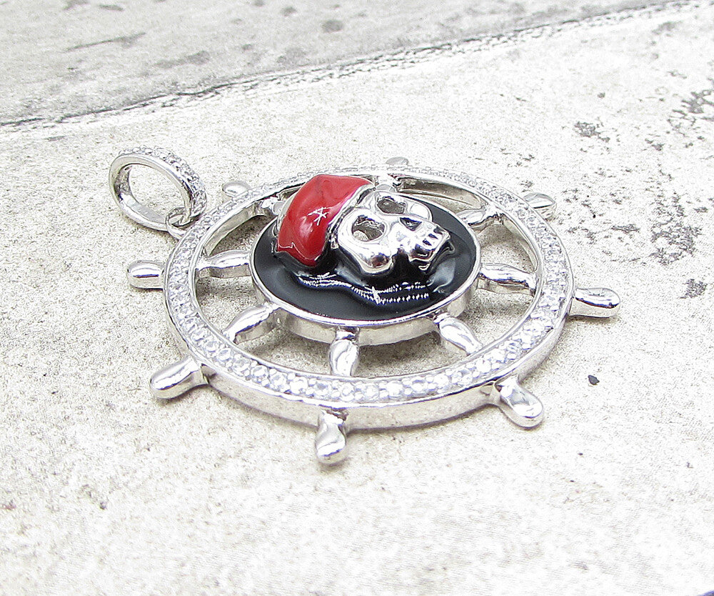 925 Sterling Silver  Cubic Zirconia Pirate Skull Wheel Drop Pendant  PT1411