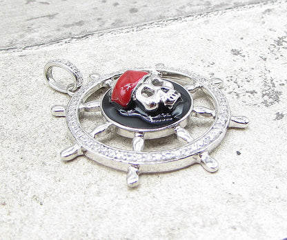 925 Sterling Silver  Cubic Zirconia Pirate Skull Wheel Drop Pendant  PT1411