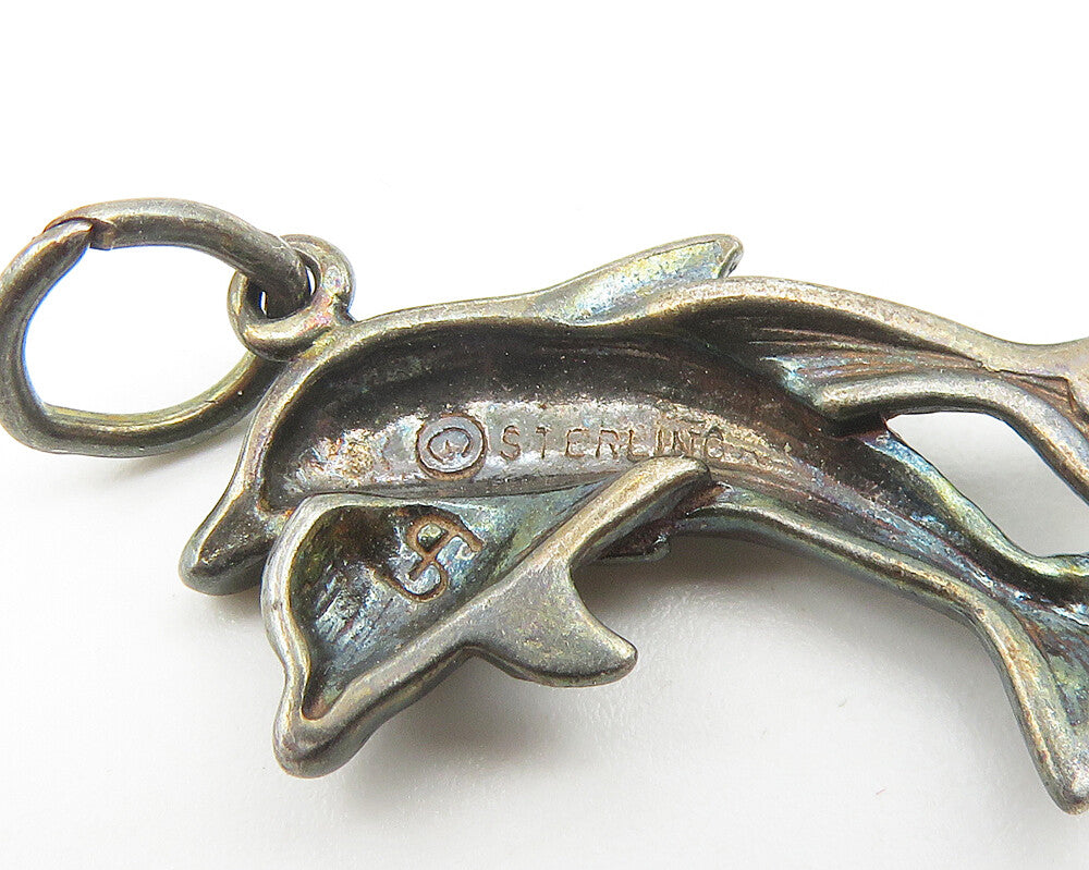 925 Sterling Silver  Vintage Petite Oxidized Leaping Dolphins Pendant  PT9113