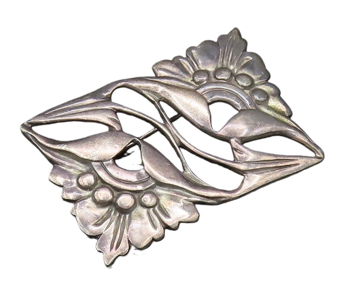 925 Silver  Vintage Antique Openwork Double Flower Rectangle Brooch Pin BP9998