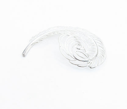 925 Sterling Silver  Vintage Shiny Swirl Single Feather Brooch Pin  BP2176