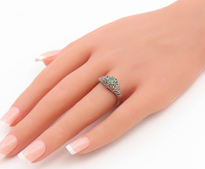 925 Sterling Silver Vintage Ring Emerald Intricate Filigree Band  Sz 8  RG36867