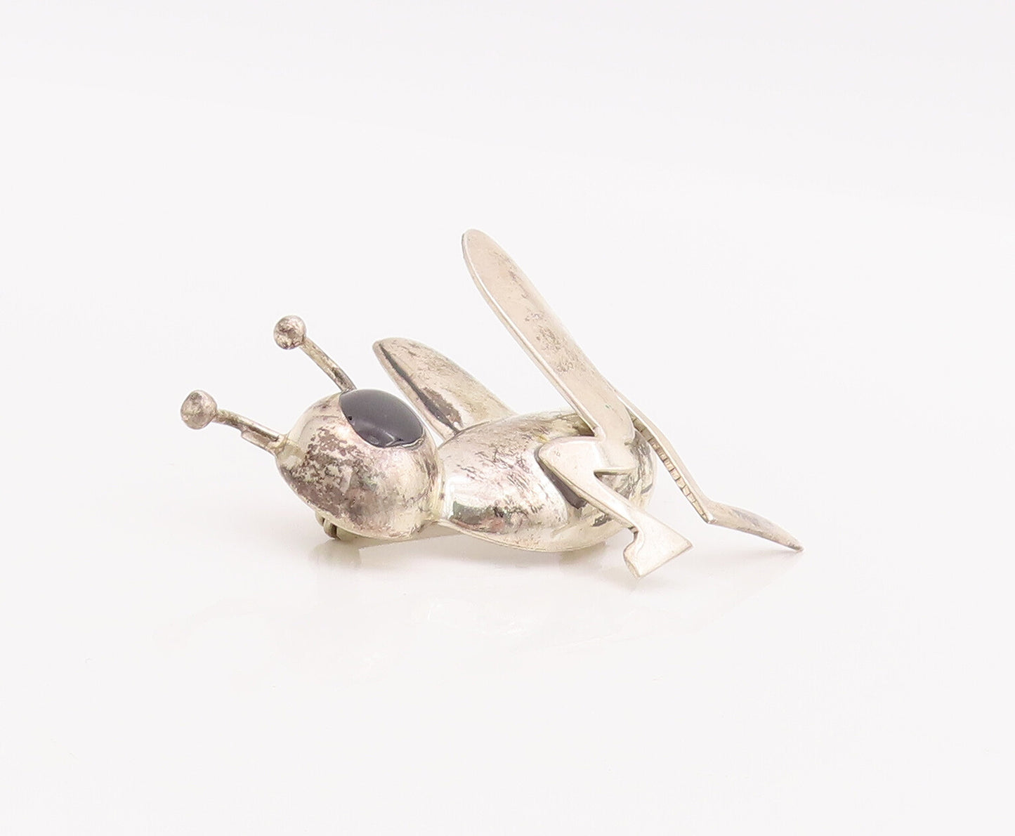 925 Sterling Silver Vintage Brooch Pin MEXICO Onyx Eyed Grass Hopper  BP11010