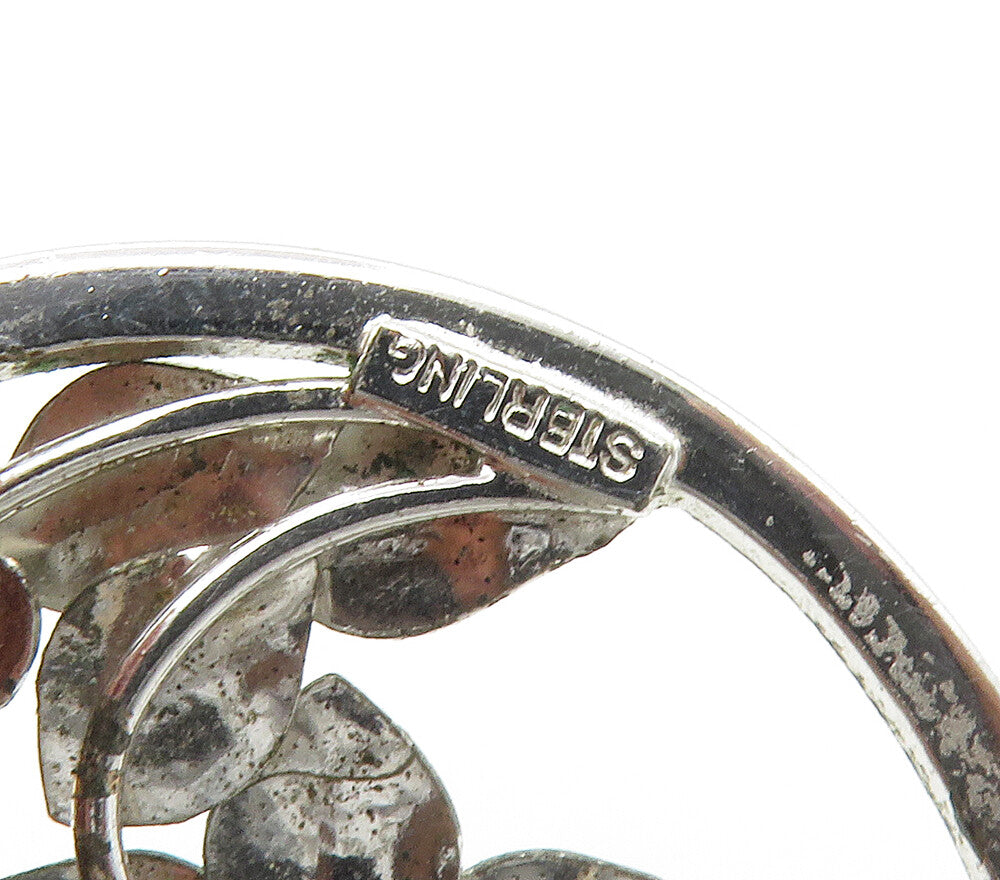 925 Sterling Silver  Vintage Sparkling Flowers Motif Round Brooch Pin  BP5931