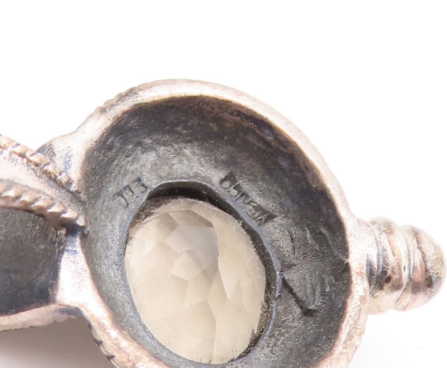 925 Sterling Silver Vintage Pendant Oval Cut Smokey Quartz Maze Carved  PT23401