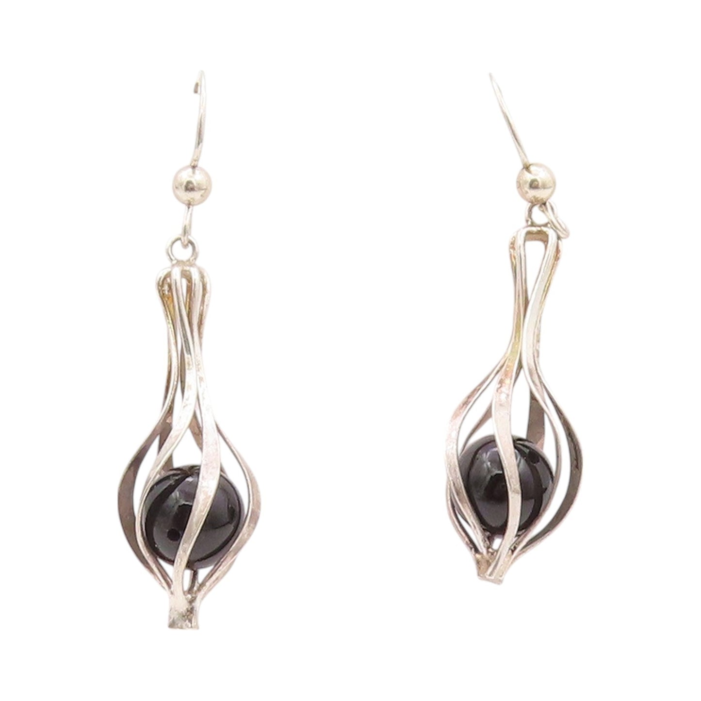 925 Sterling Silver Vintage Earrings Modernist Cutout Cage Cabochon Onyx EG13496
