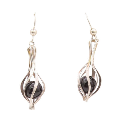 925 Sterling Silver Vintage Earrings Modernist Cutout Cage Cabochon Onyx EG13496