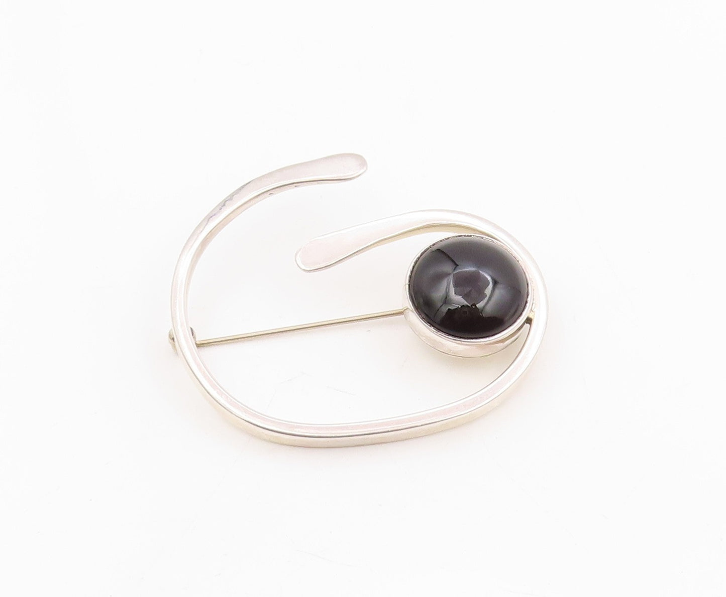 925 Sterling Silver Vintage Brooch Pin Cabochon Onyx Modernist Spiral  BP12210