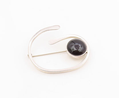 925 Sterling Silver Vintage Brooch Pin Cabochon Onyx Modernist Spiral  BP12210