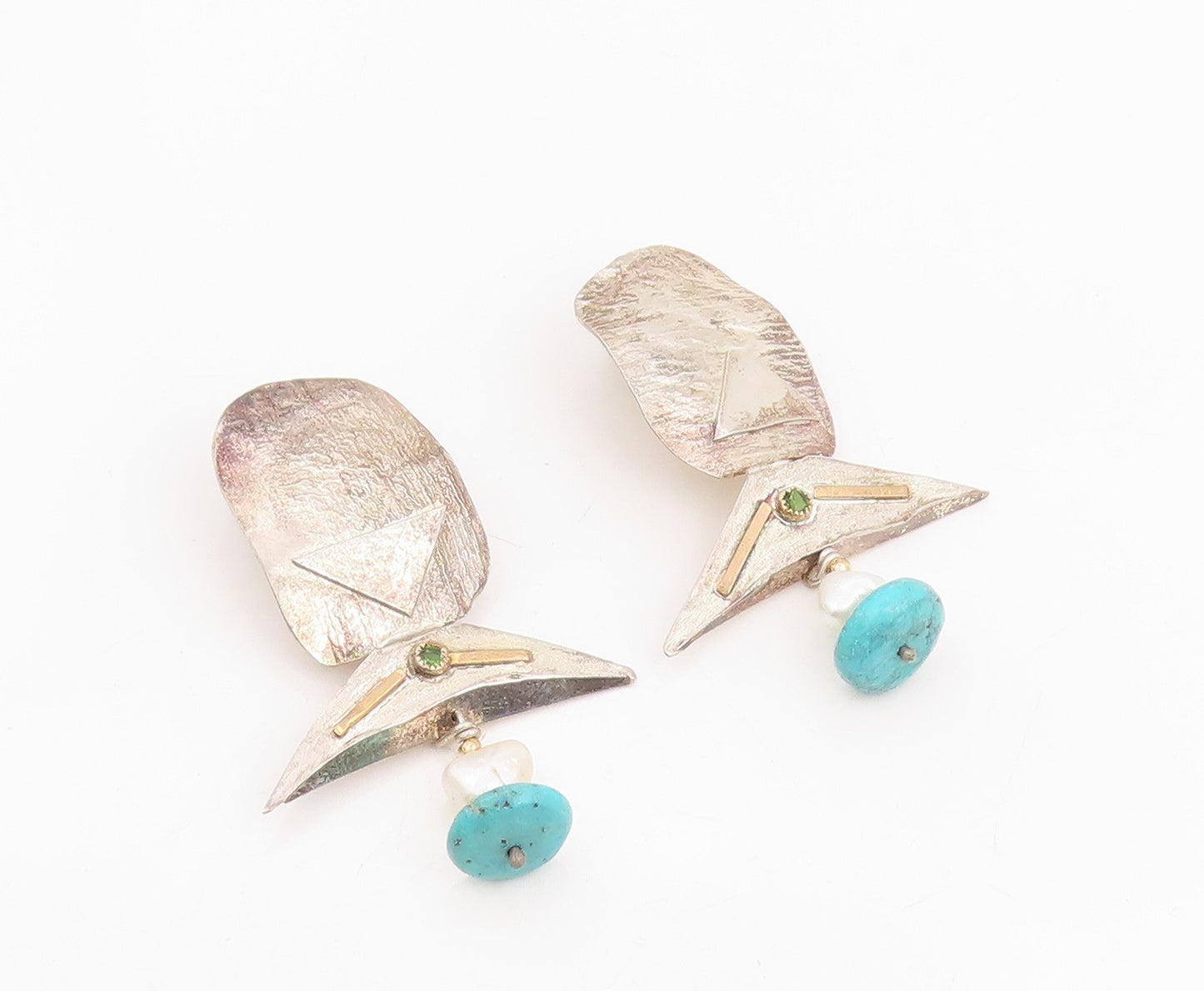 14k Gold & 925 Sterling Silver Vintage Earrings Modernist Multi Gemstone EG14061