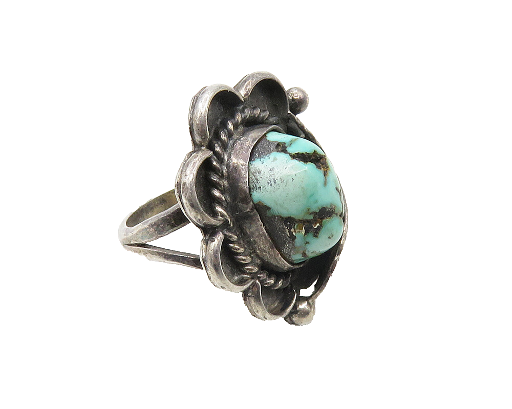NAVAJO 925 Sterling Silver  Vintage Turquoise Floral Cocktail Ring Sz 4 RG9612