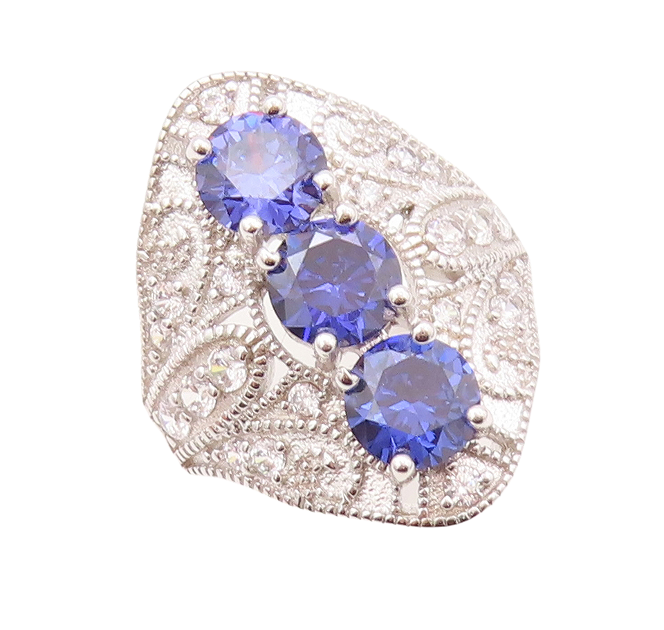 925 Sterling Silver Vintage Ring Bead Carved Sapphire & CZ Inlay  Sz 7  RG30942