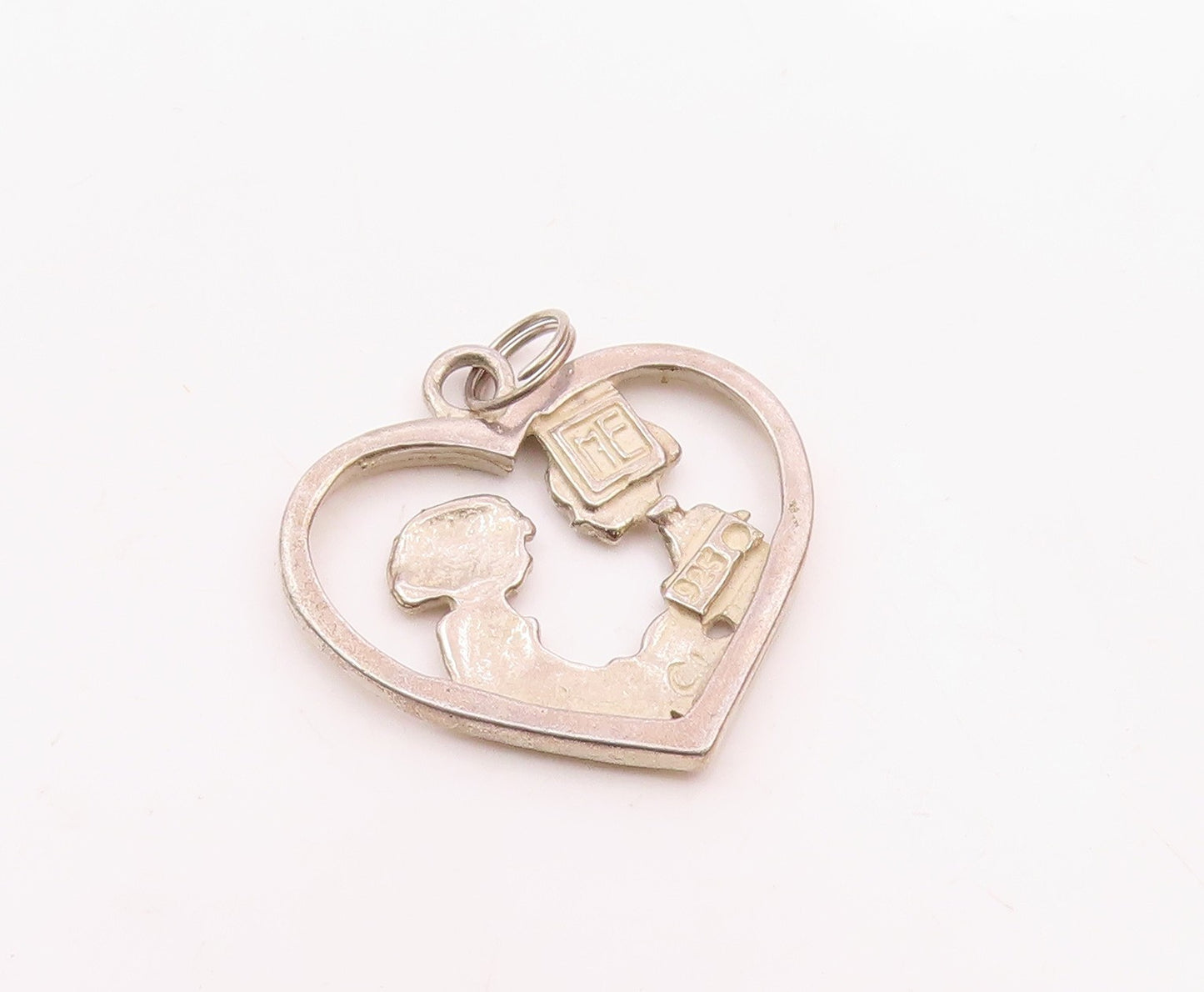 MARY ENGELBREIT 925 Silver  Vintage Mother & Daughter Heart Pendant  PT21820