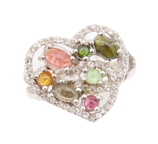 925 Sterling Silver Vintage Ring Designer Cabochon Multicolor Topaz Sz 7 RG29021