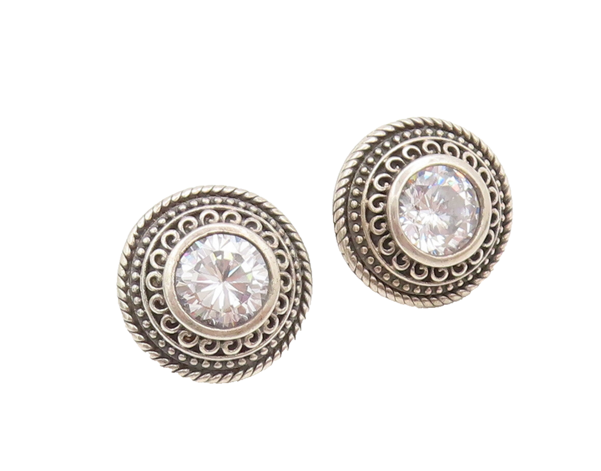 925 Sterling Silver  Vintage Swirly Rope Carved Round CZ Earrings  EG12784