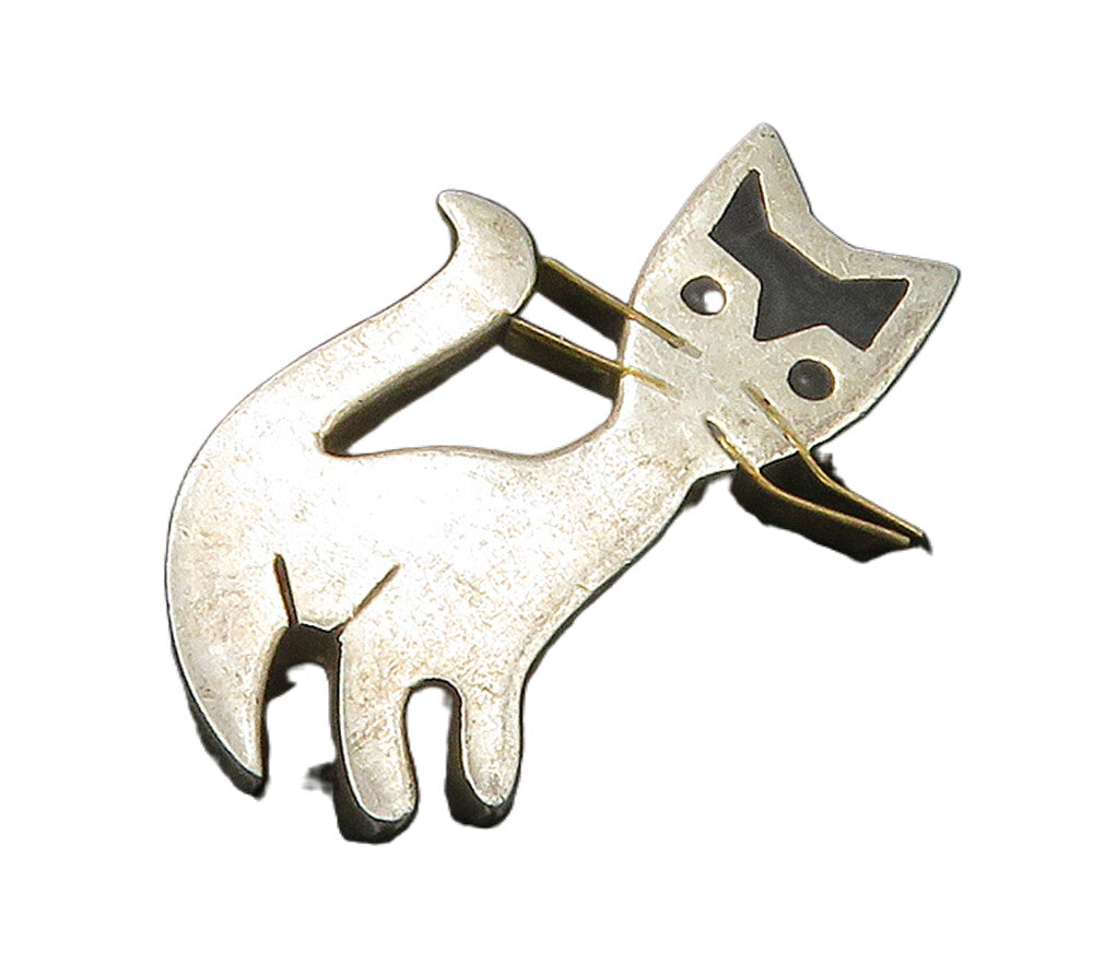 MEXICO 925 Silver  Vintage Inlaid Black Onyx Cat Motif Brooch Pin  BP6303
