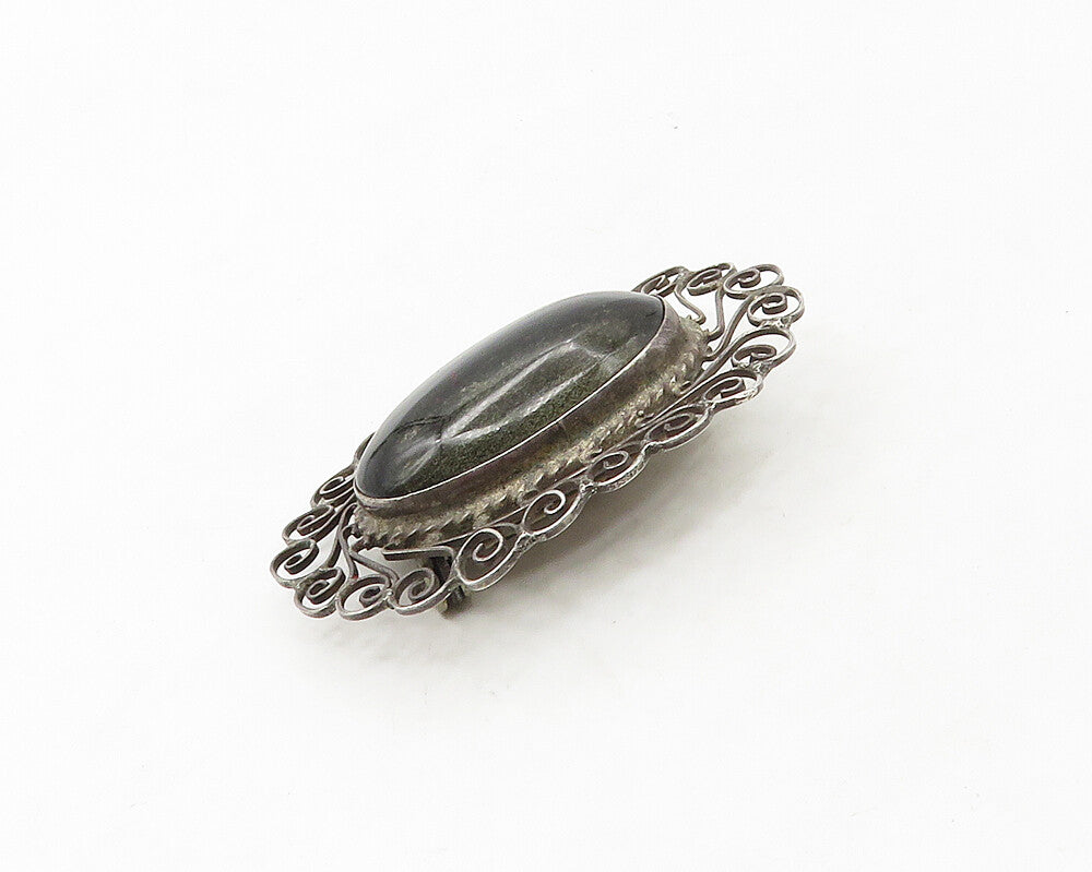 MEXICO 925 Sterling Silver  Vintage Cabochon Cut Black Onyx Brooch Pin  BP6743