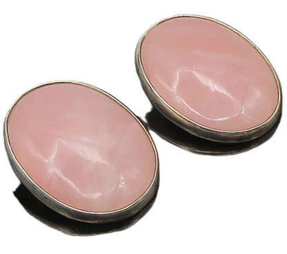 TURE 925 Silver  Vintage Large Rose Quartz Heavy Non Pierce Earrings  EG11330