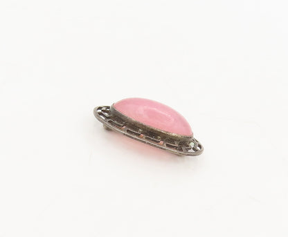 925 Sterling Silver Vintage Brooch Pin Oval Pink Quartz Halo Caved Maze  BP10626