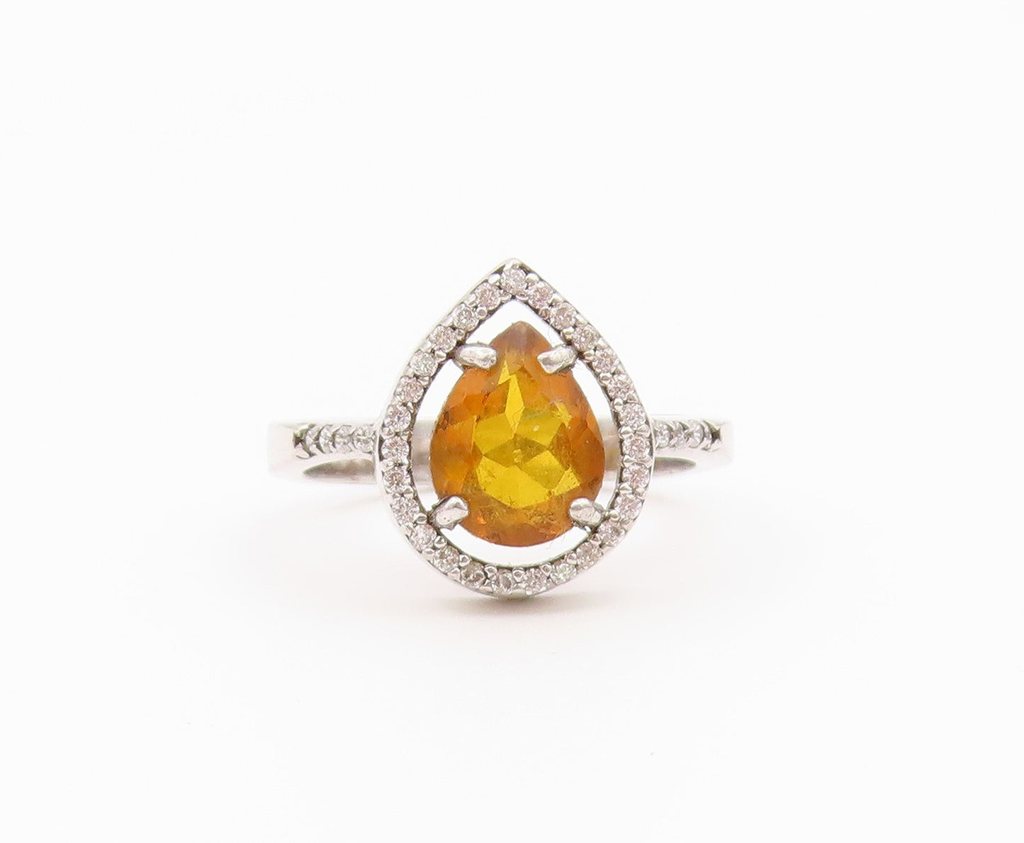 925 Sterling Silver Vintage Ring Pear Cut Citrine Halo CZ Band  Sz 7  RG36549