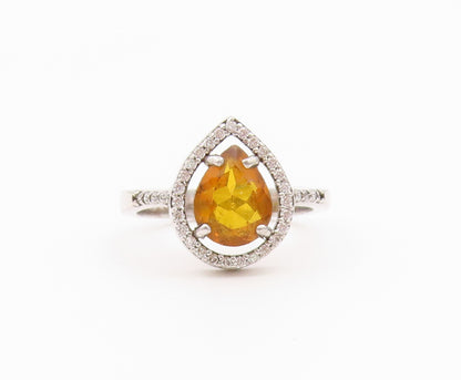 925 Sterling Silver Vintage Ring Pear Cut Citrine Halo CZ Band  Sz 7  RG36549