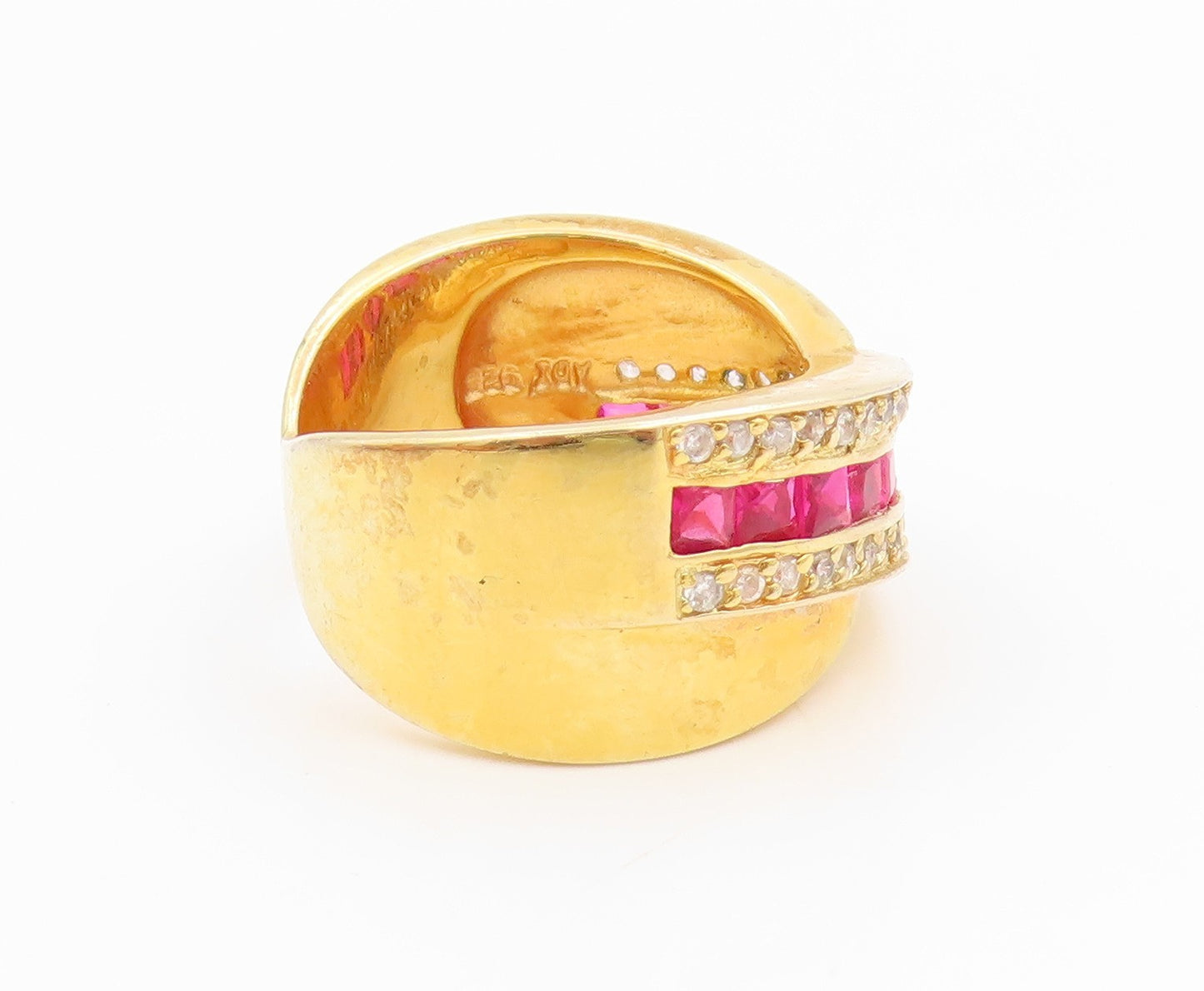 925 Sterling Silver Vintage Ring Gold Plated Ruby & Topaz Crossover Sz 7 RG35988