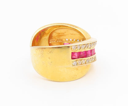 925 Sterling Silver Vintage Ring Gold Plated Ruby & Topaz Crossover Sz 7 RG35988