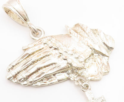 925 Sterling Silver Vintage Pendant Etched Praying Hands With Holy Cross PT25967
