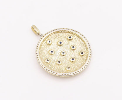 925 Sterling Silver Vintage Pendant Round Dented 2 Tone Gemstone Inlay PT22851