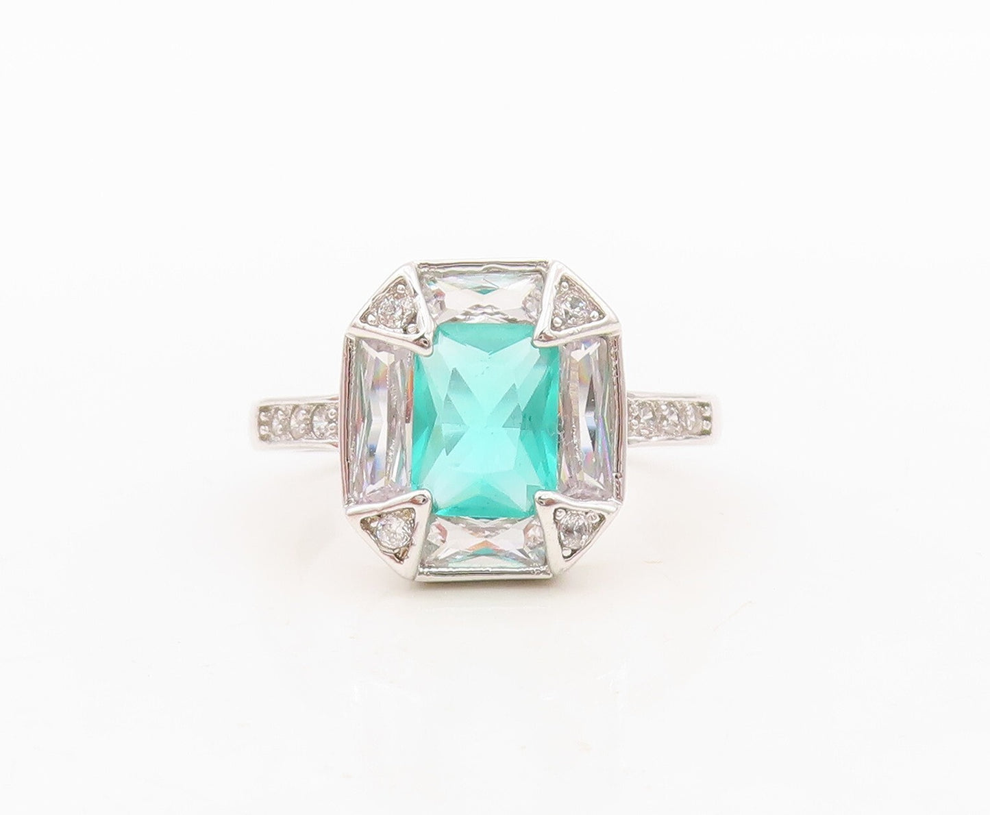 925 Sterling Silver Vintage Ring Rectangle Sea Green Halo White CZ  Sz 7 RG30409